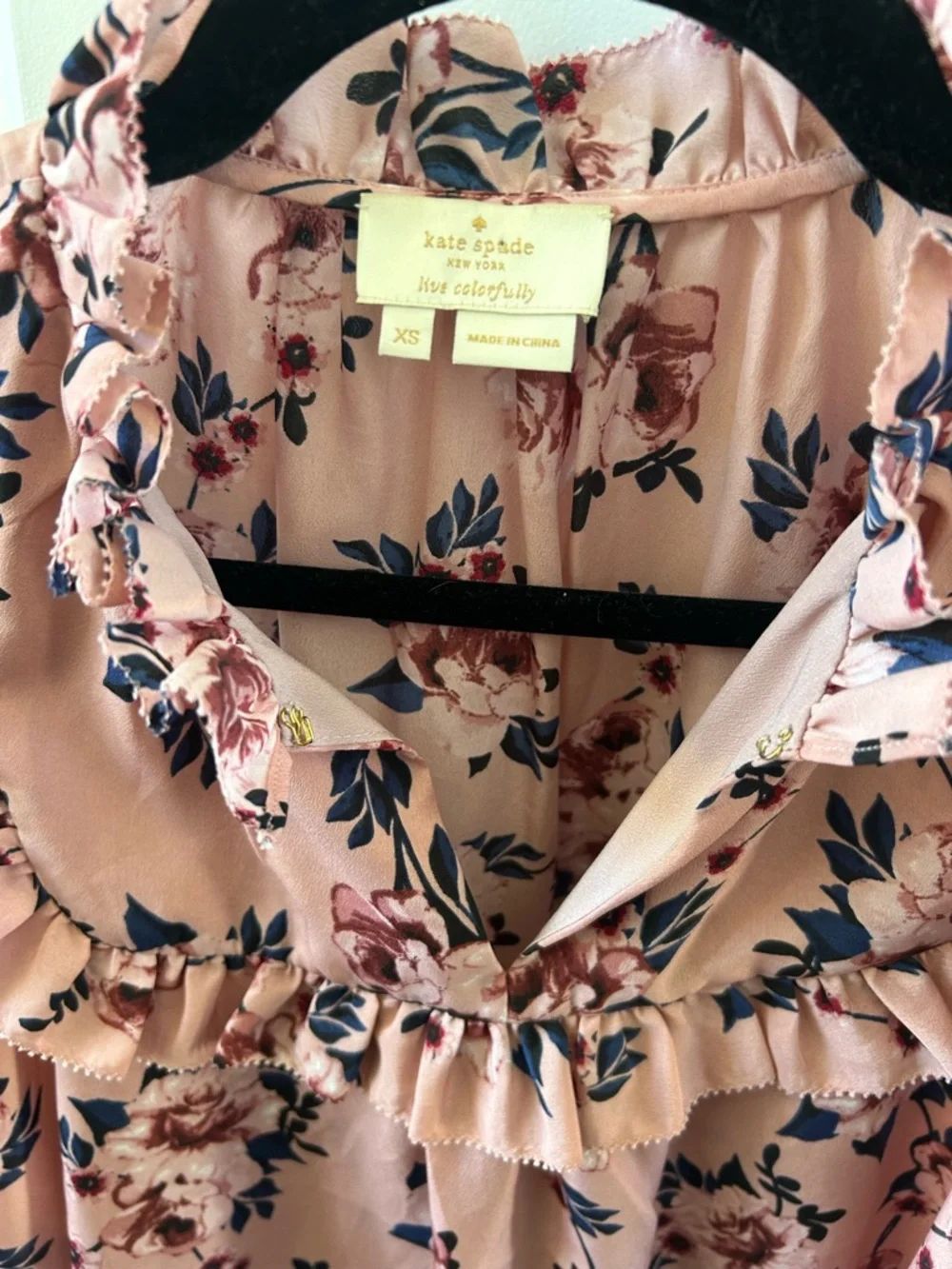 Kate Spade Prairie Rose Flutter Sleeve Blouse Pink Floral XS Ruffle Yoke - Picture 4 of 6